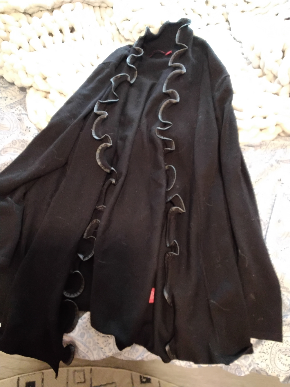 Red Black Ruffle-Front Women's Cape Coat